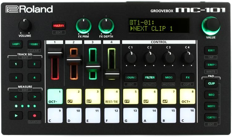 A straight-on photograph of the Roland MC-101 groovebox synthesizer music device