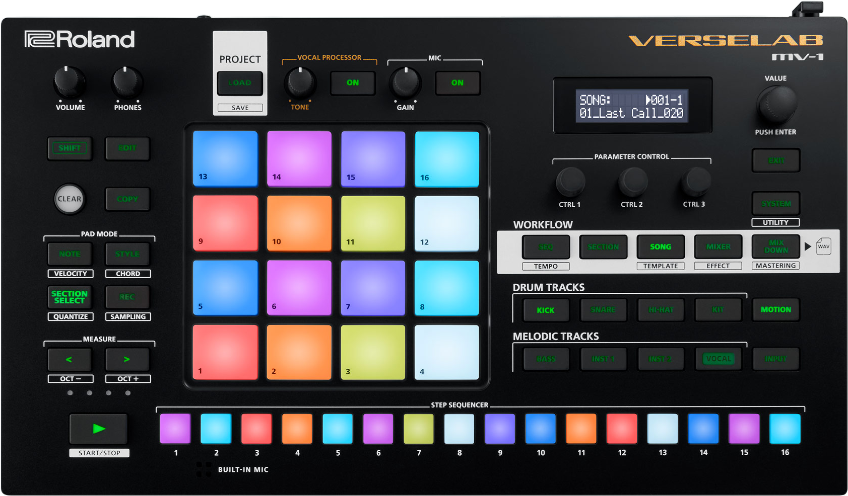 A straight-on photograph of the Roland Verselab MV-1 sampling  music devicegroovebox